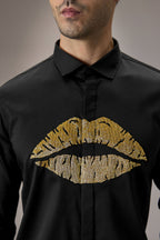 Lips Hand Embroidered Designer Shirt - Black
