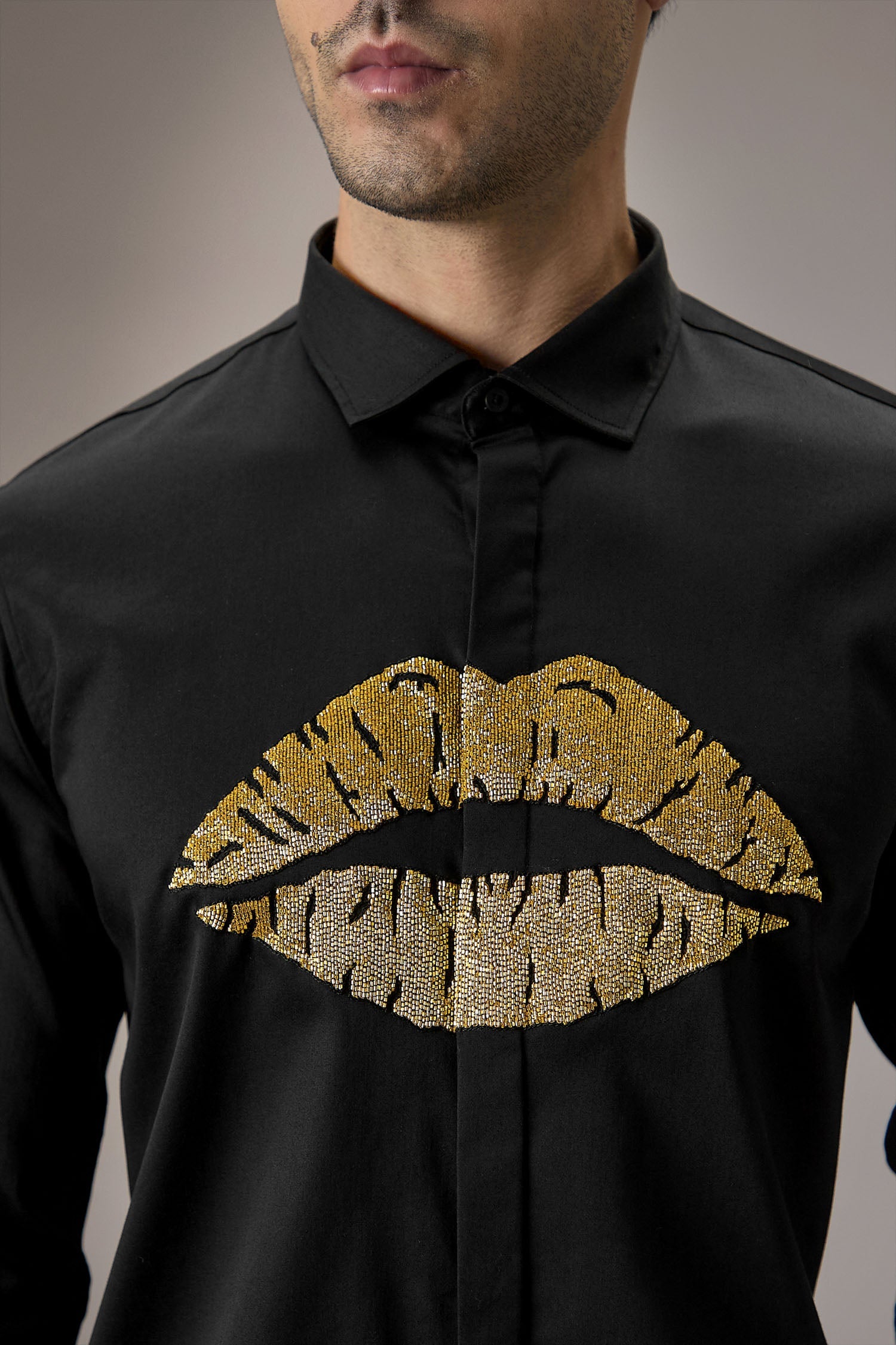 Lips Hand Embroidered Designer Shirt - Black