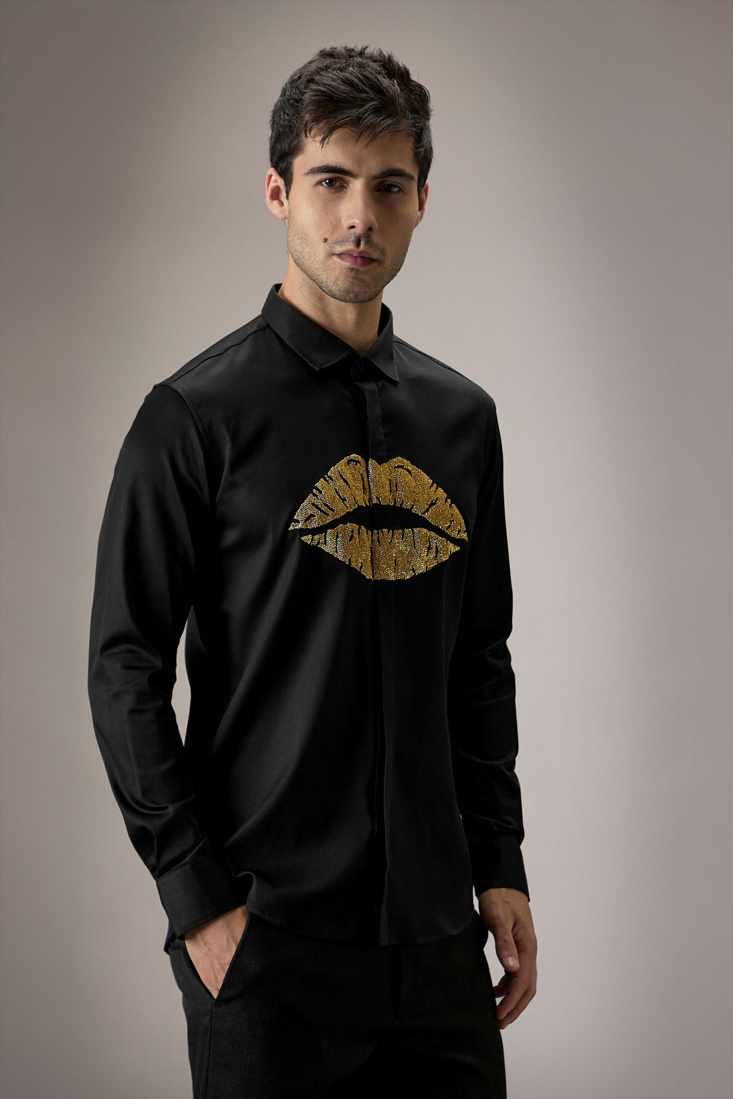 Lips Hand Embroidered Designer Shirt - Black