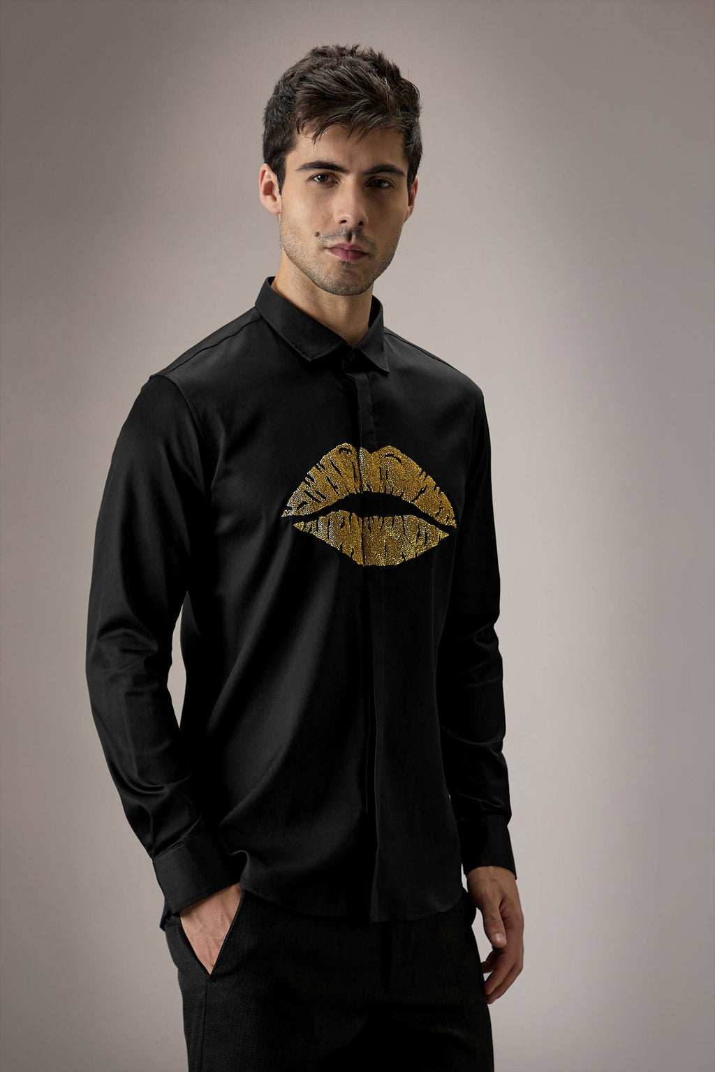 Lips Hand Embroidered Designer Shirt - Black