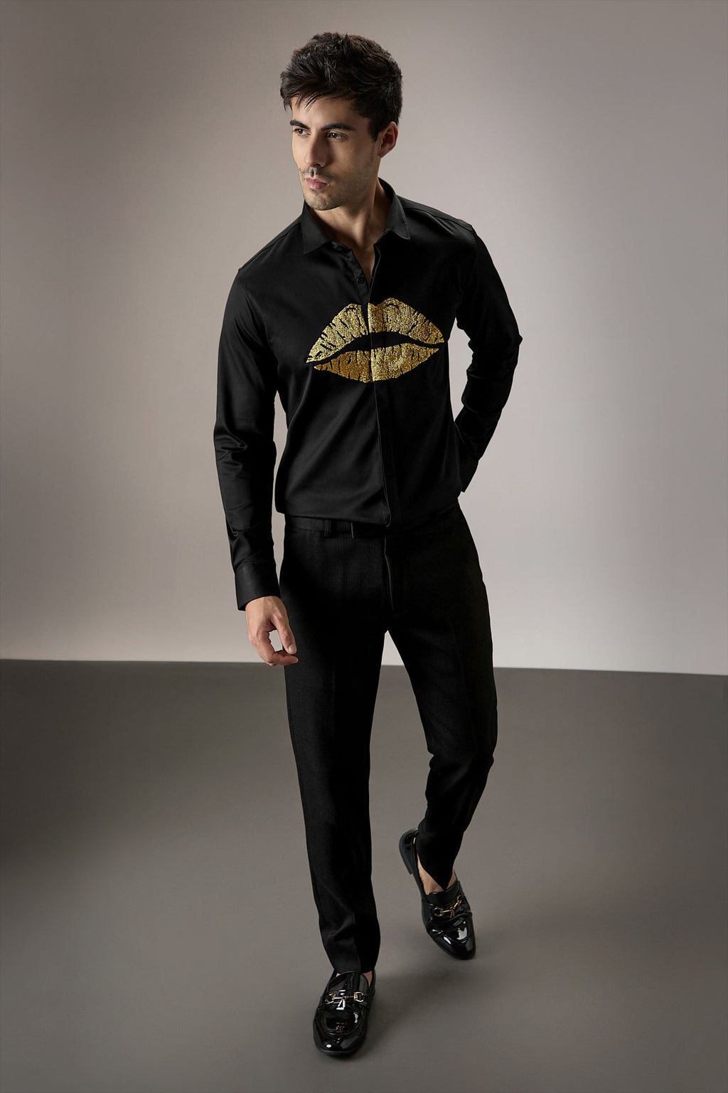 Lips Hand Embroidered Designer Shirt - Black