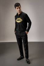 Lips Hand Embroidered Designer Shirt - Black