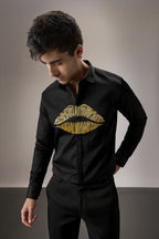 Lips Hand Embroidered Designer Shirt - Black