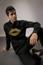 Lips Hand Embroidered Designer Shirt - Black