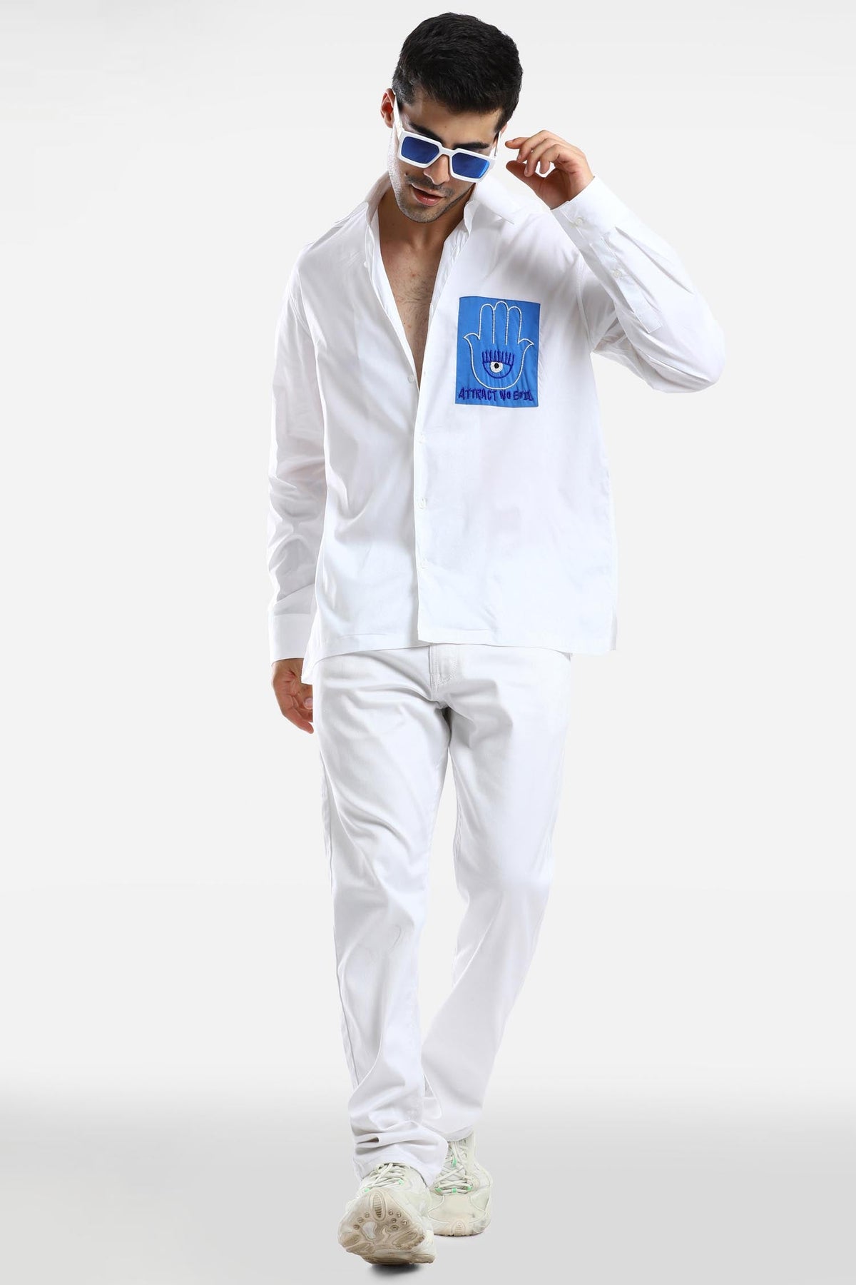 Attract no evil - Hand Embroidered Oversized Designer Shirt - White