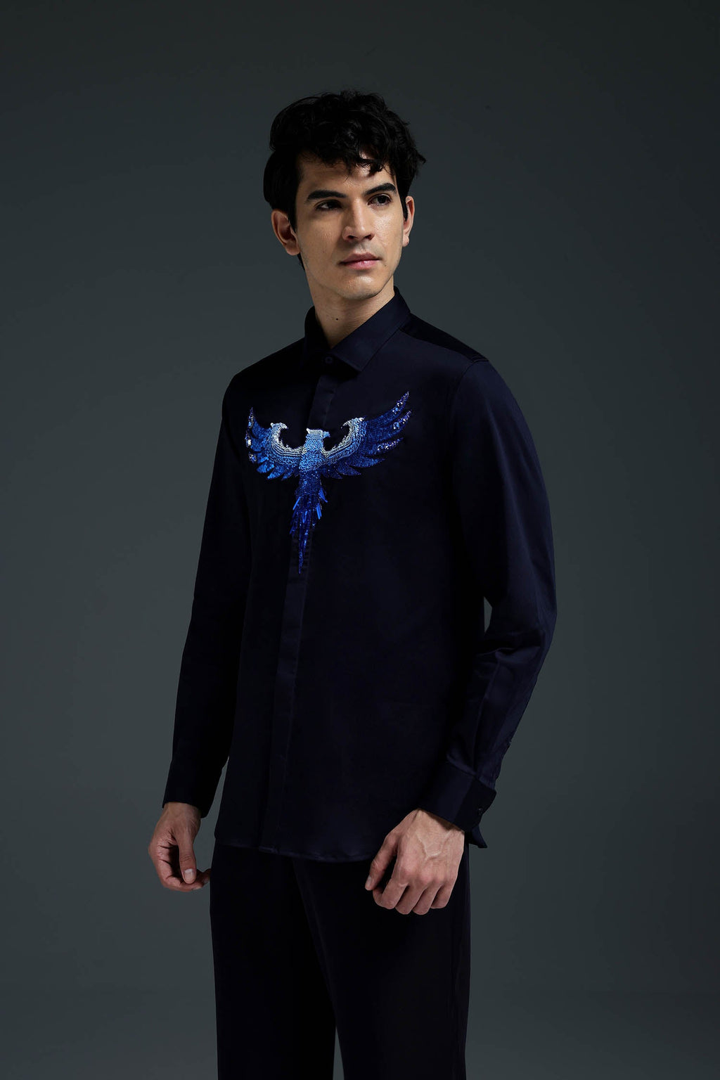 Solara(Pheonix) - Hand Embroidered Designer Shirt - Navy