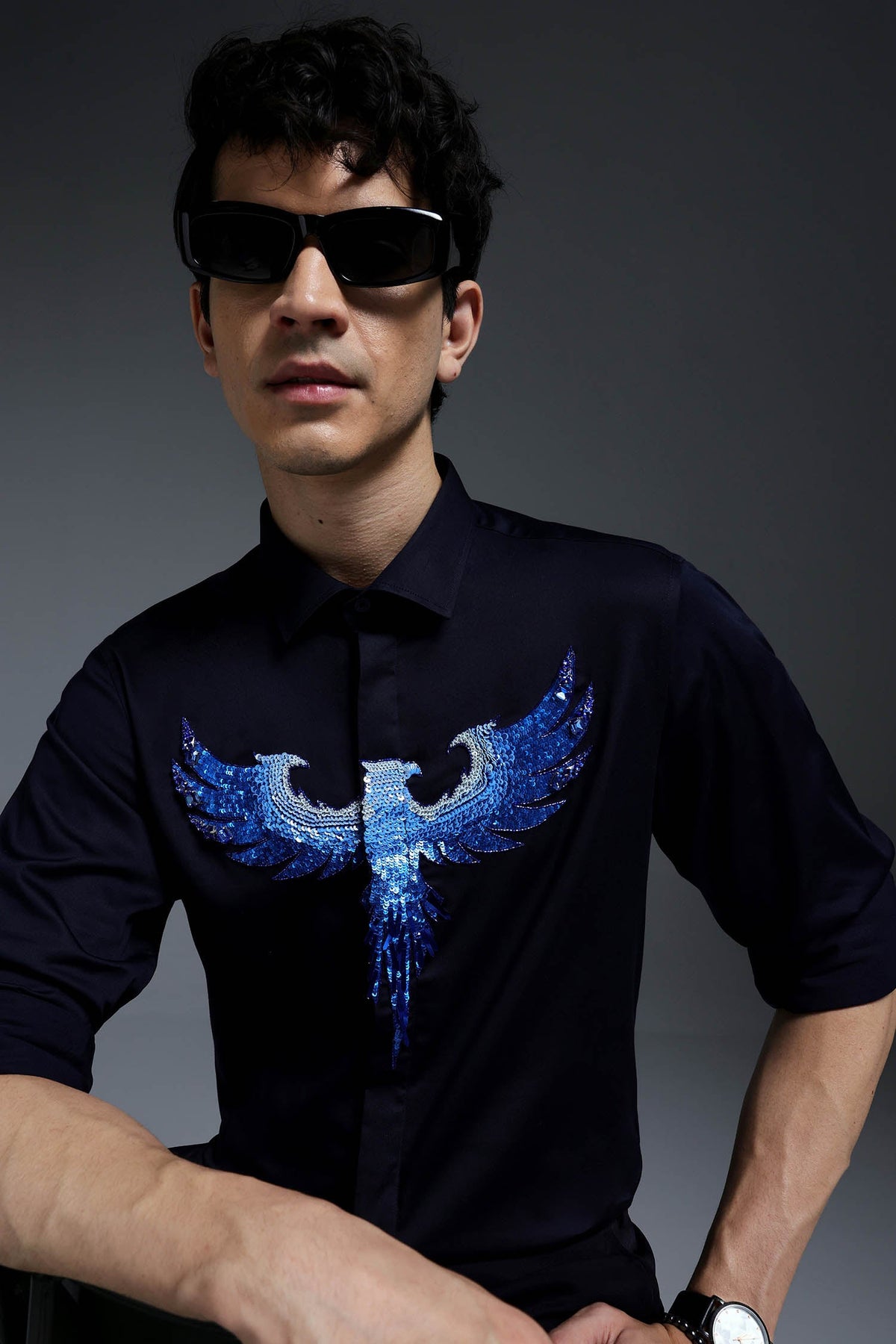 Solara(Pheonix) - Hand Embroidered Designer Shirt - Navy