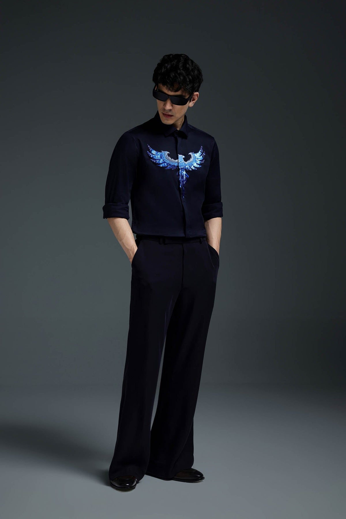 Solara(Pheonix) - Hand Embroidered Designer Shirt - Navy
