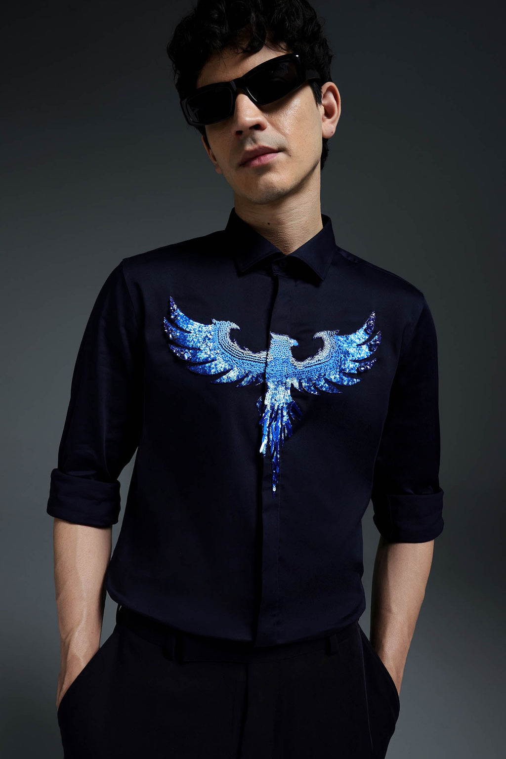 Solara(Pheonix) - Hand Embroidered Designer Shirt - Navy