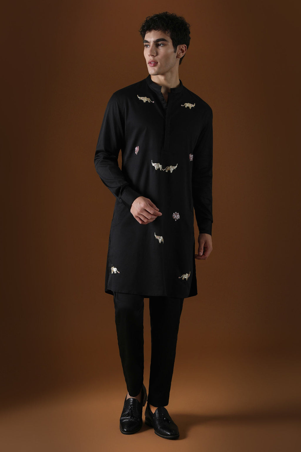 Elephant Hand Embroidered Designer Kurta - Black