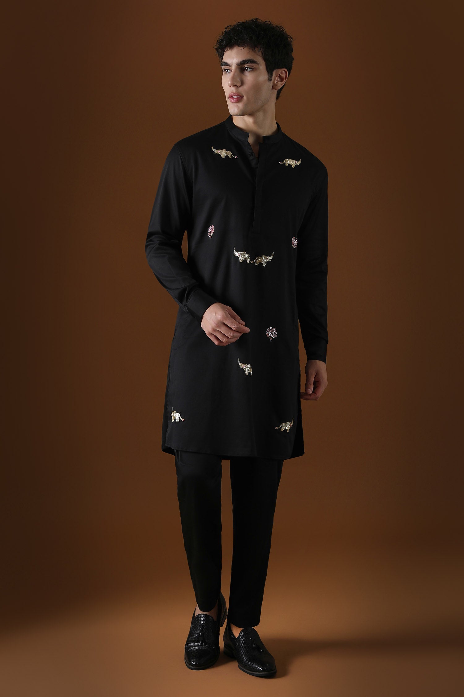 Elephant Hand Embroidered Designer Kurta - Black