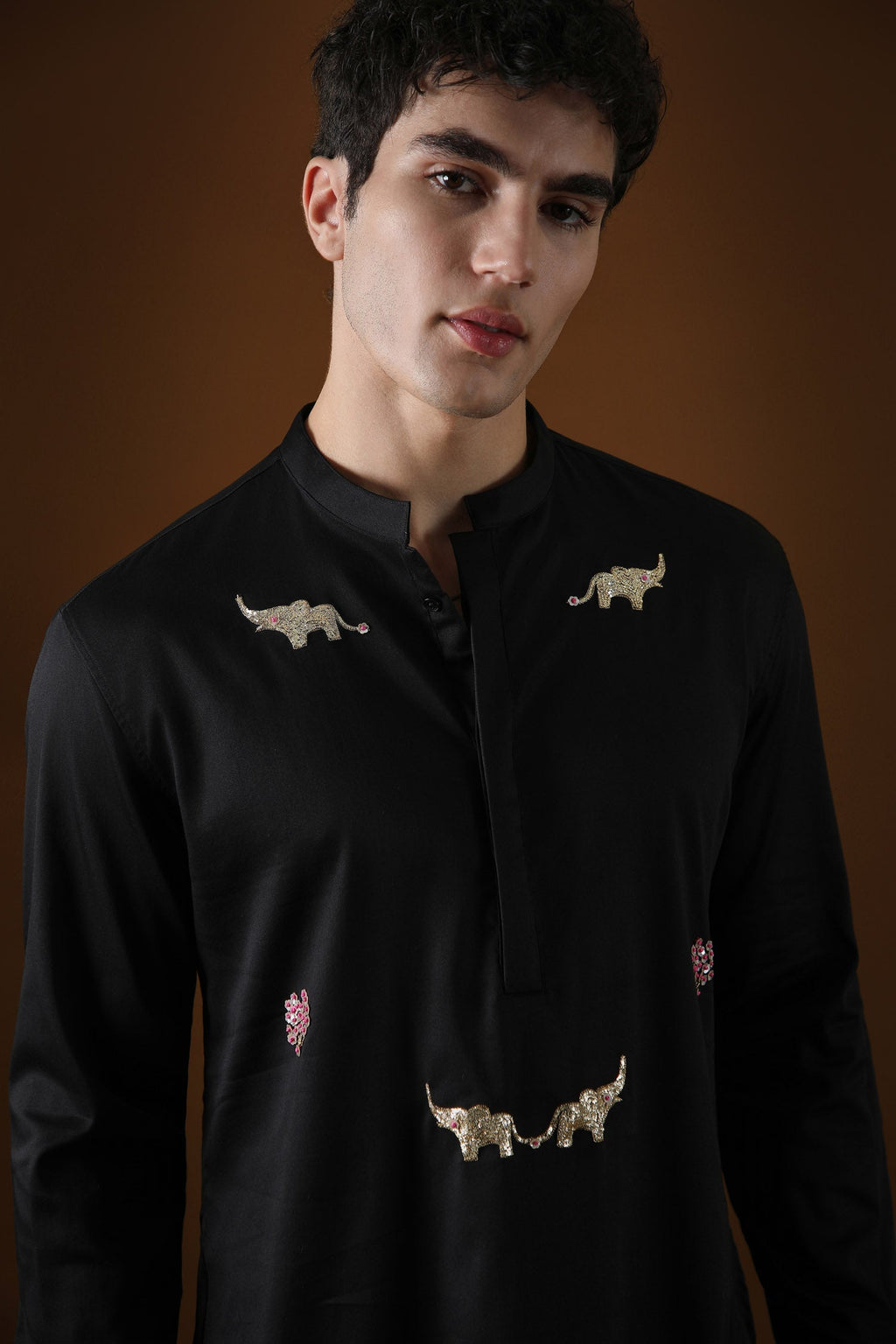 Elephant Hand Embroidered Designer Kurta - Black