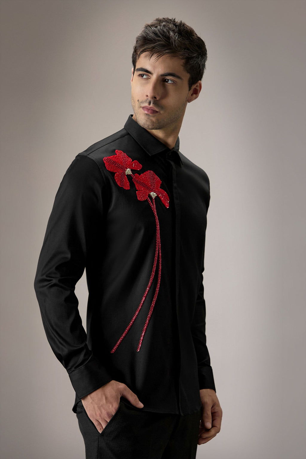 Red Flower Hand Embroidered Designer Shirt - Black