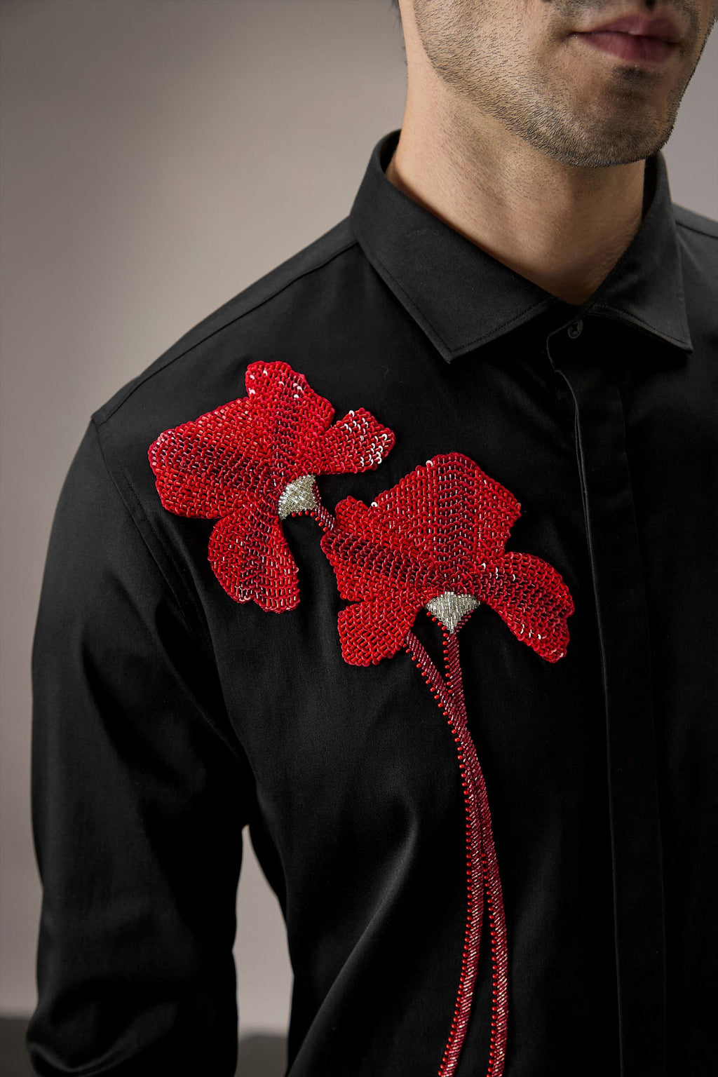 Red Flower Hand Embroidered Designer Shirt - Black