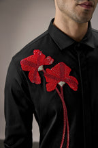 Red Flower Hand Embroidered Designer Shirt - Black