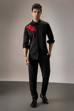 Red Flower Hand Embroidered Designer Shirt - Black