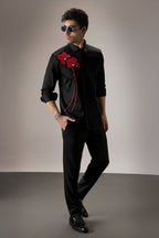 Red Flower Hand Embroidered Designer Shirt - Black