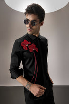 Red Flower Hand Embroidered Designer Shirt - Black