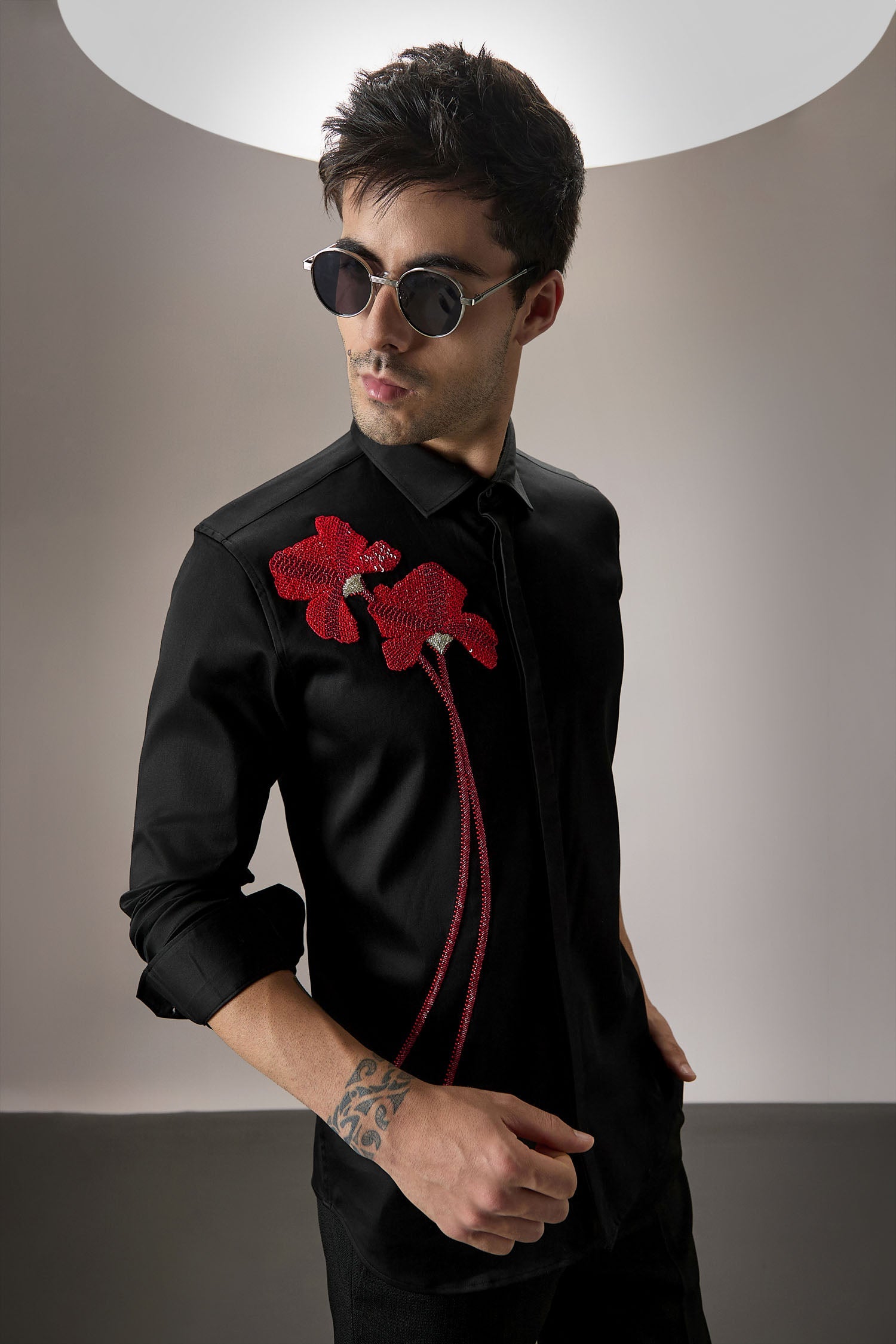 Red Flower Hand Embroidered Designer Shirt - Black