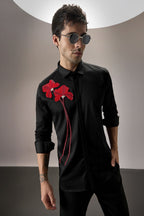 Red Flower Hand Embroidered Designer Shirt - Black