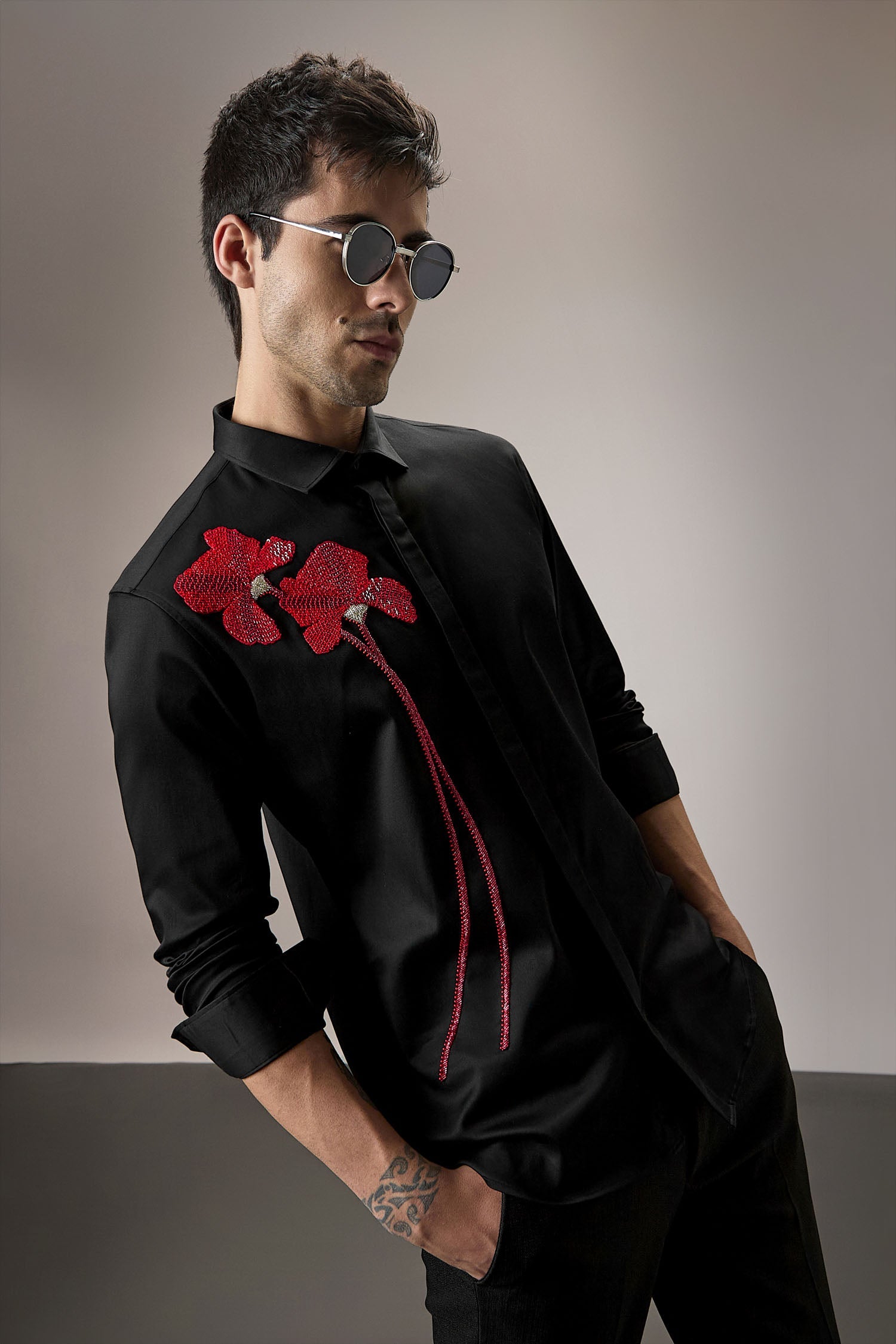 Red Flower Hand Embroidered Designer Shirt - Black