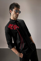 Red Flower Hand Embroidered Designer Shirt - Black