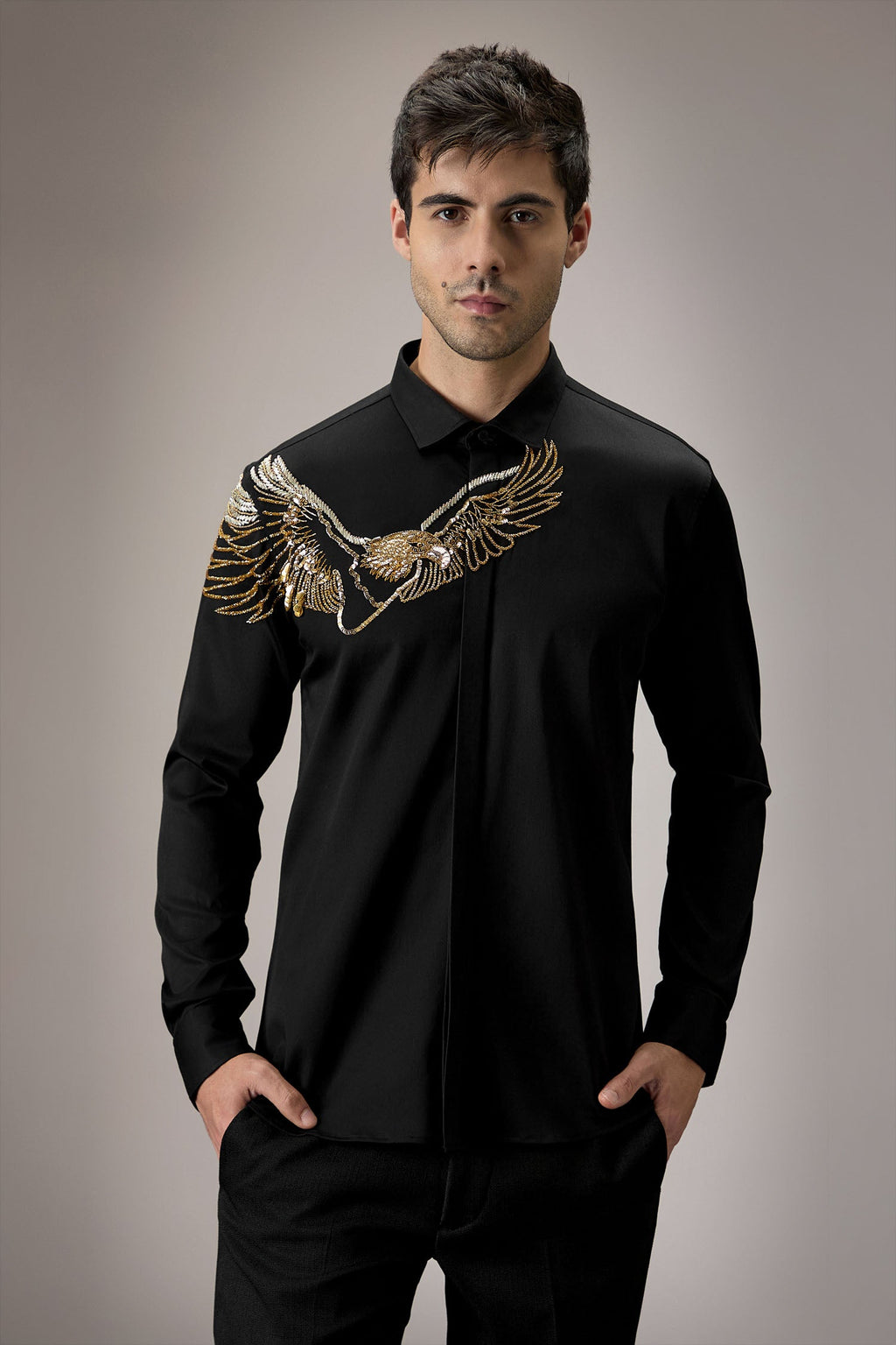 Eagle - Hand Embroidered Designer Shirt - Black