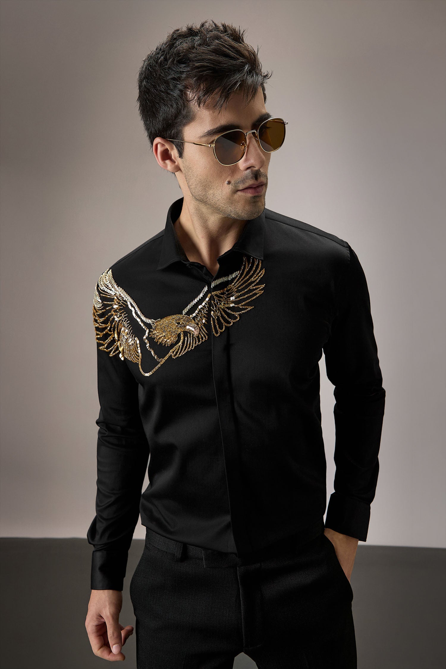 Eagle - Hand Embroidered Designer Shirt - Black