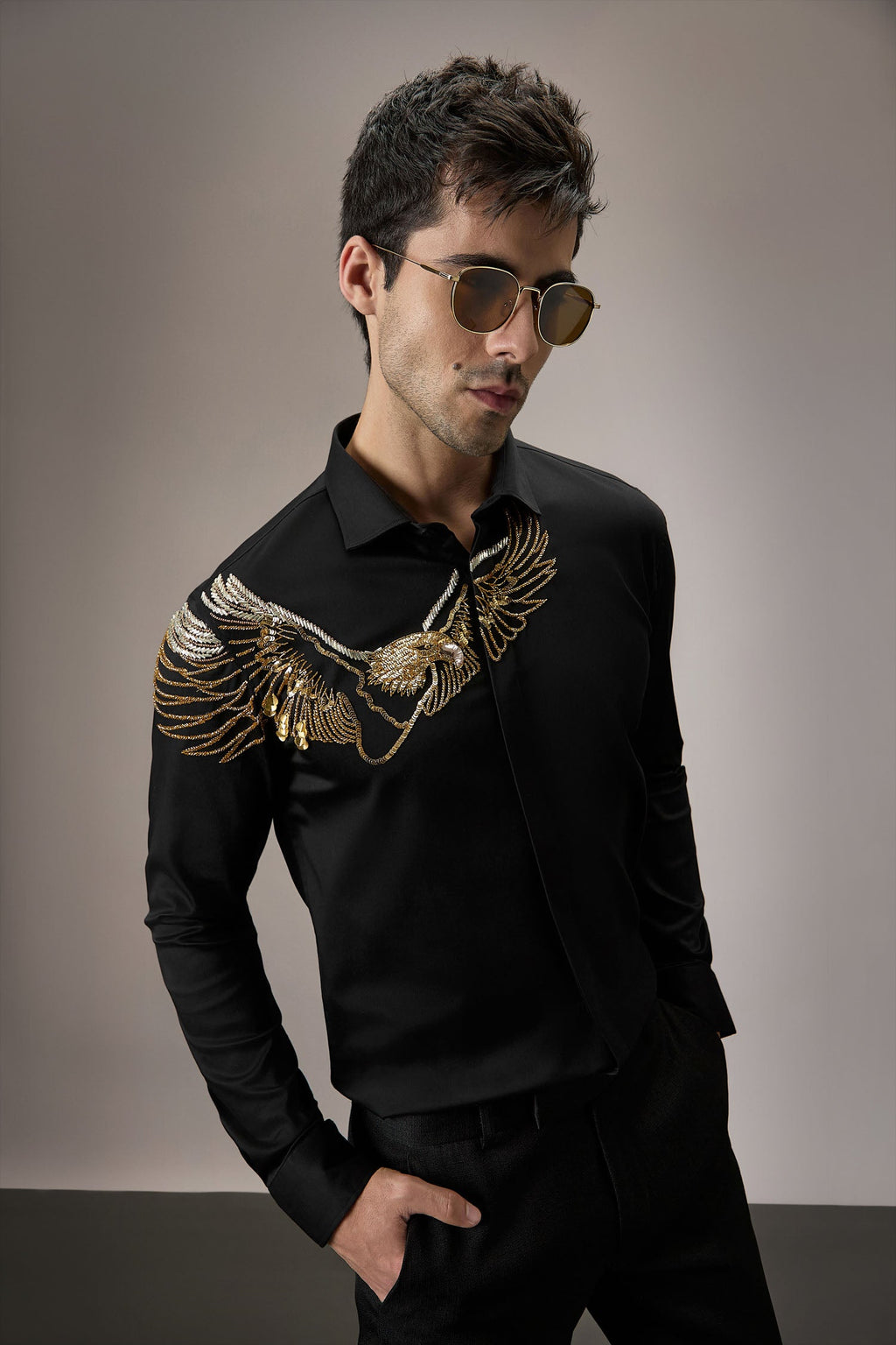 Eagle - Hand Embroidered Designer Shirt - Black