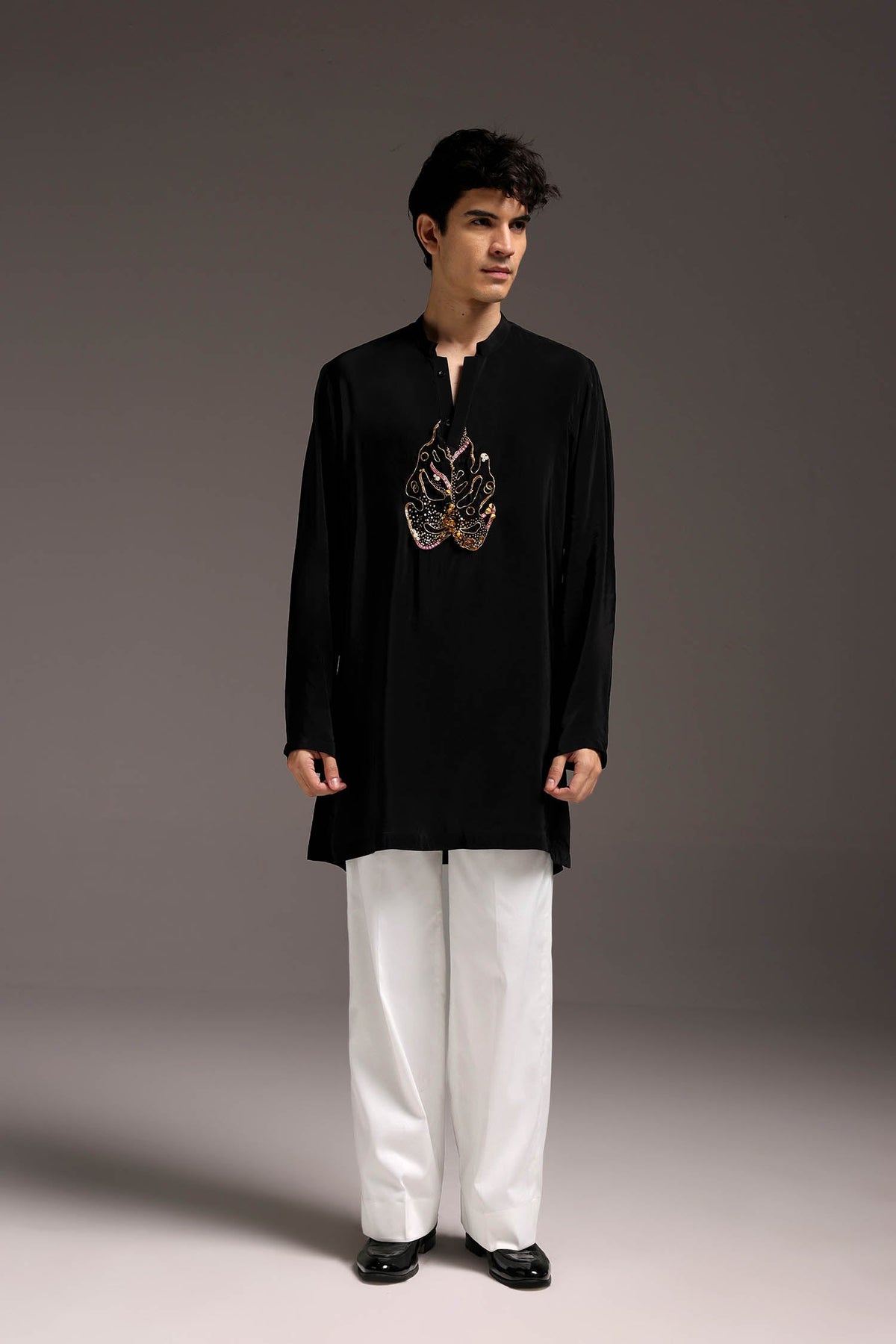 Leaflet - Hand Embroidered Designer Kurta - Black