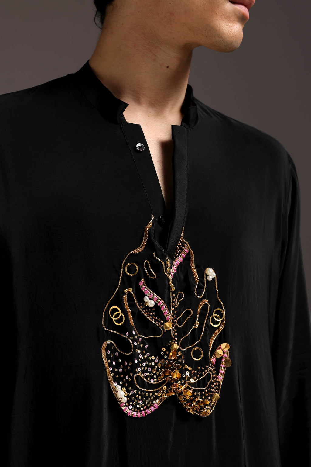 Leaflet - Hand Embroidered Designer Kurta - Black