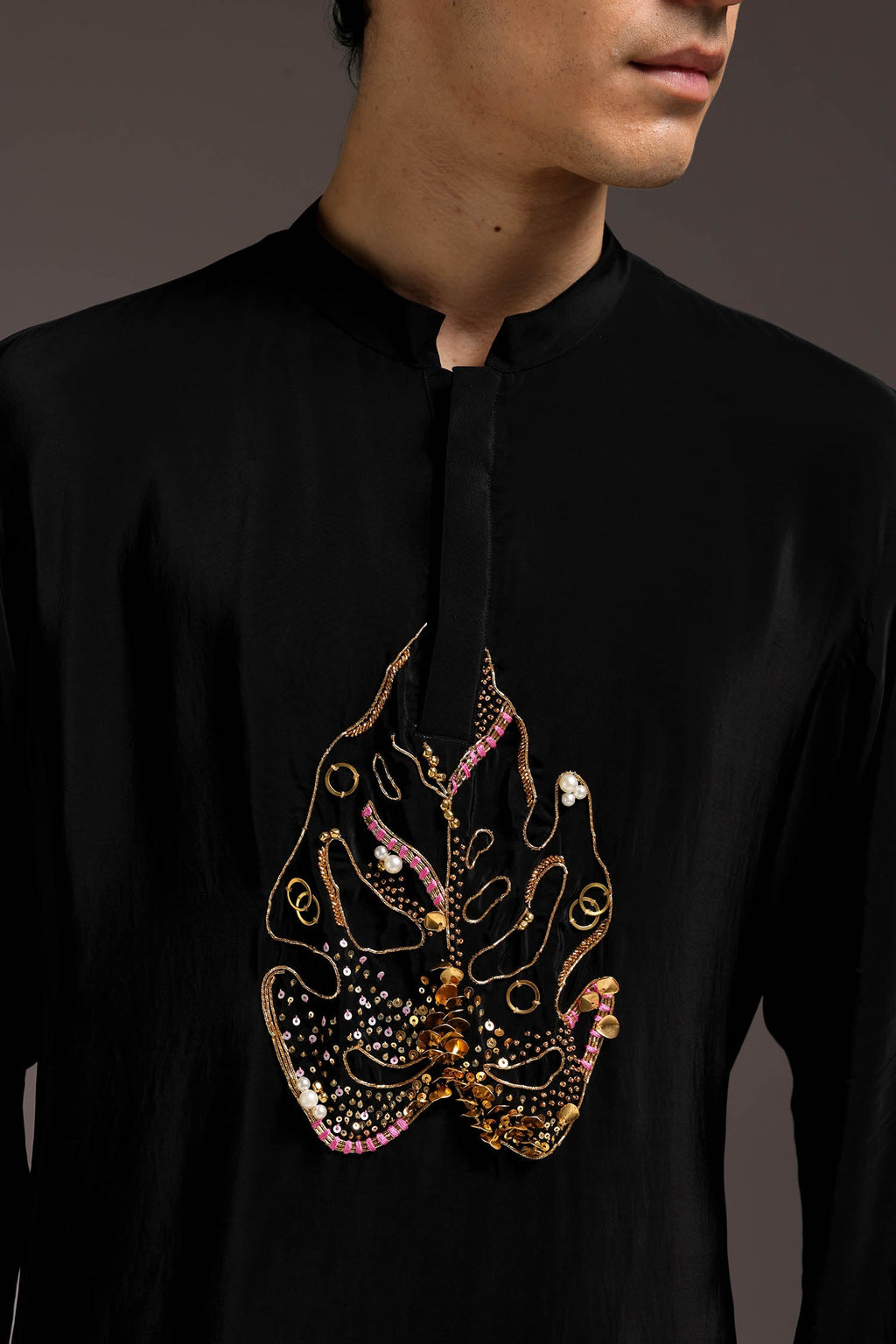 Leaflet - Hand Embroidered Designer Kurta - Black