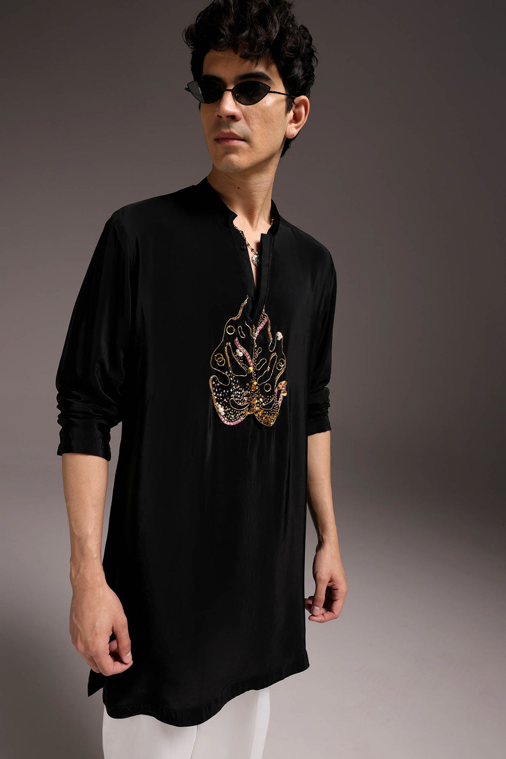 Leaflet - Hand Embroidered Designer Kurta - Black