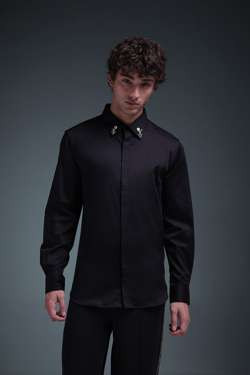 Zeya (Rhinestone) - Hand Embroidered Designer Shirt - Black