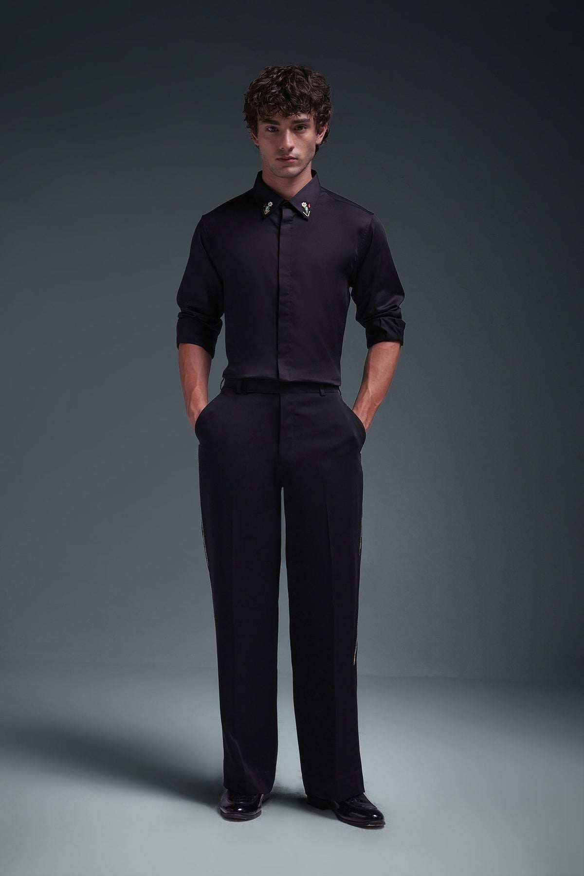 Zeya (Rhinestone) - Hand Embroidered Designer Shirt - Black