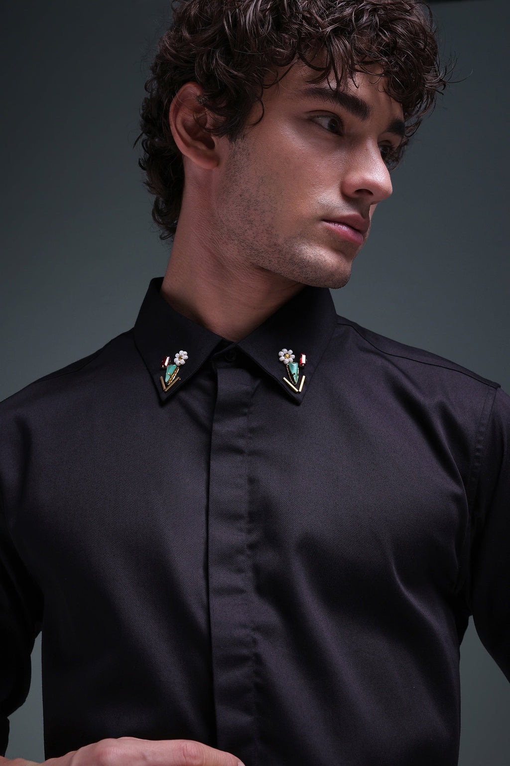 Zeya (Rhinestone) - Hand Embroidered Designer Shirt - Black