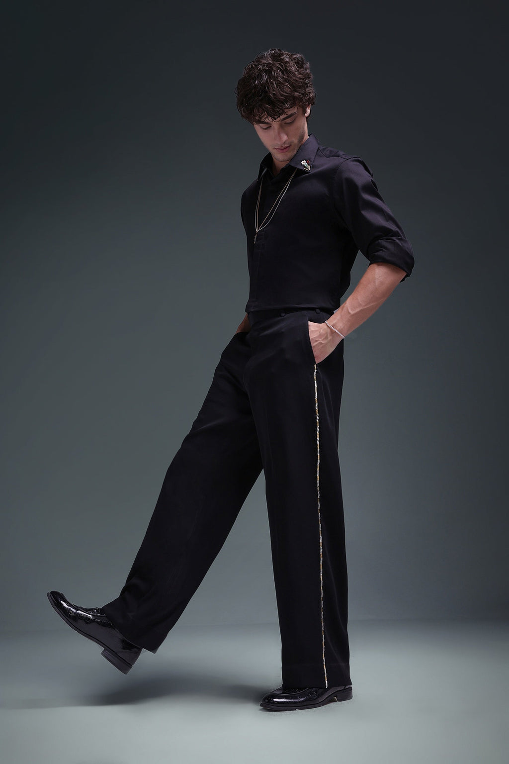 Zeya (Rhinestone) - Hand Embroidered Designer Shirt - Black