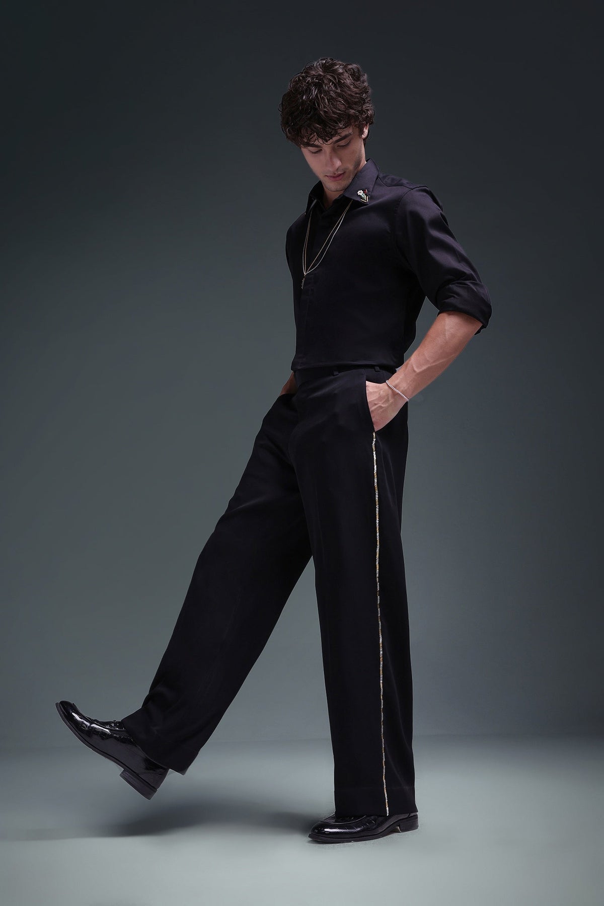 Zeya (Rhinestone) - Hand Embroidered Designer Shirt - Black