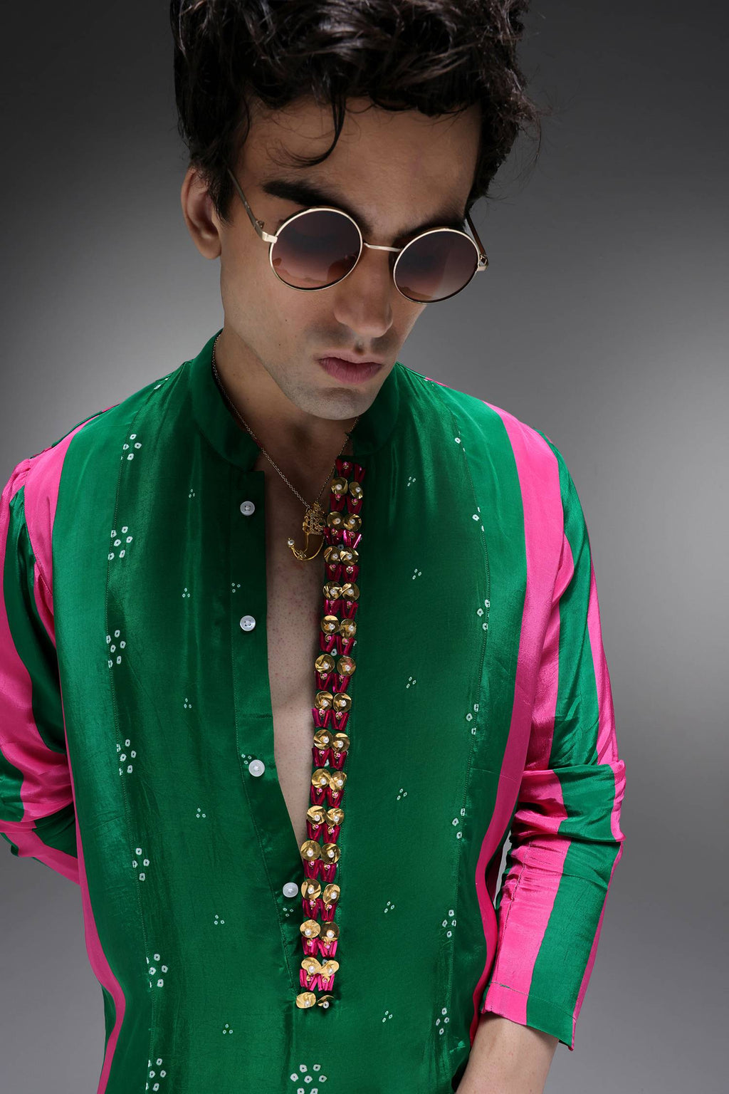 Whimsy - Hand Embroidered Designer Kurta - Pink & green