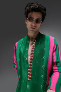 Whimsy - Hand Embroidered Designer Kurta - Pink & green