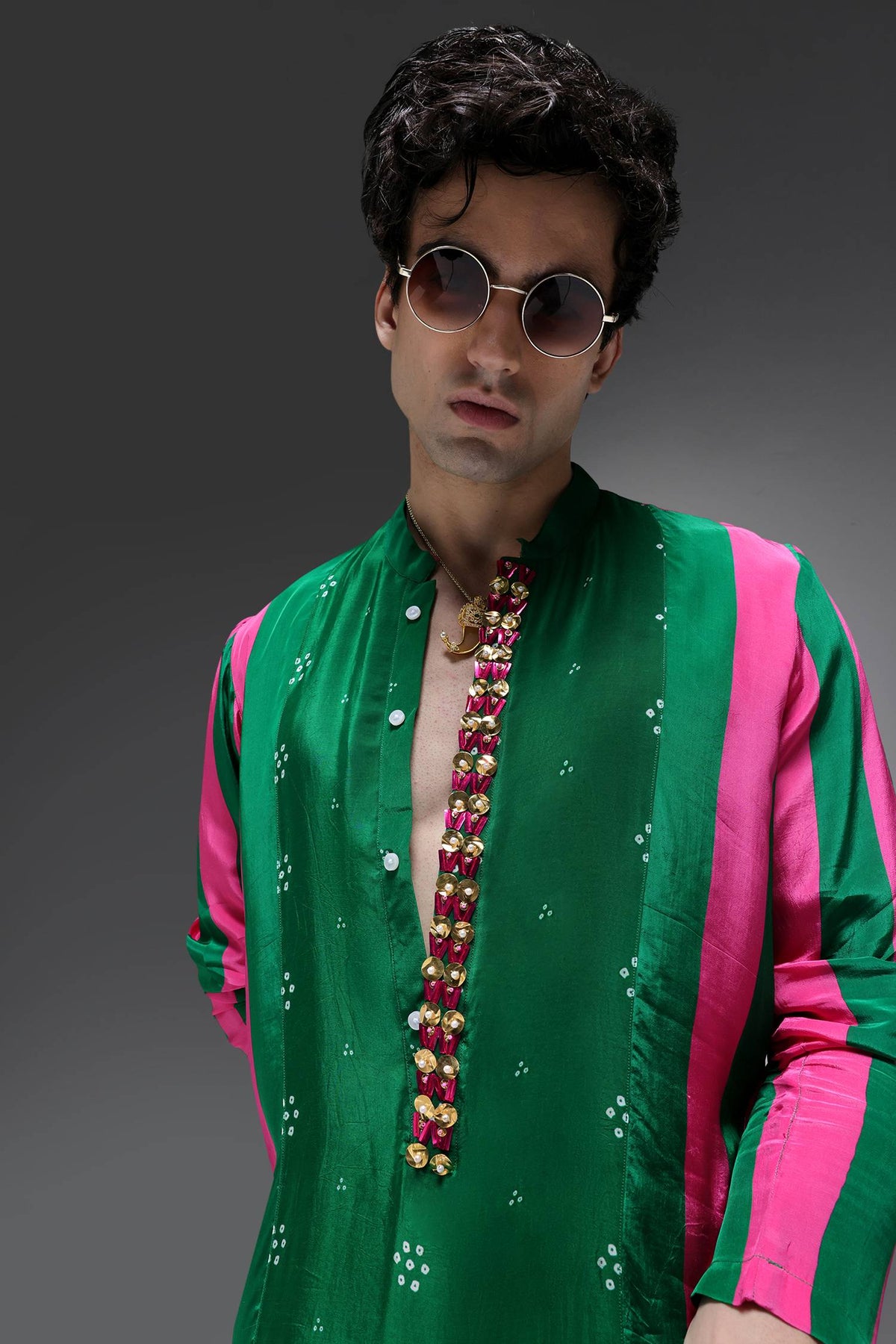 Whimsy - Hand Embroidered Designer Kurta - Pink & green