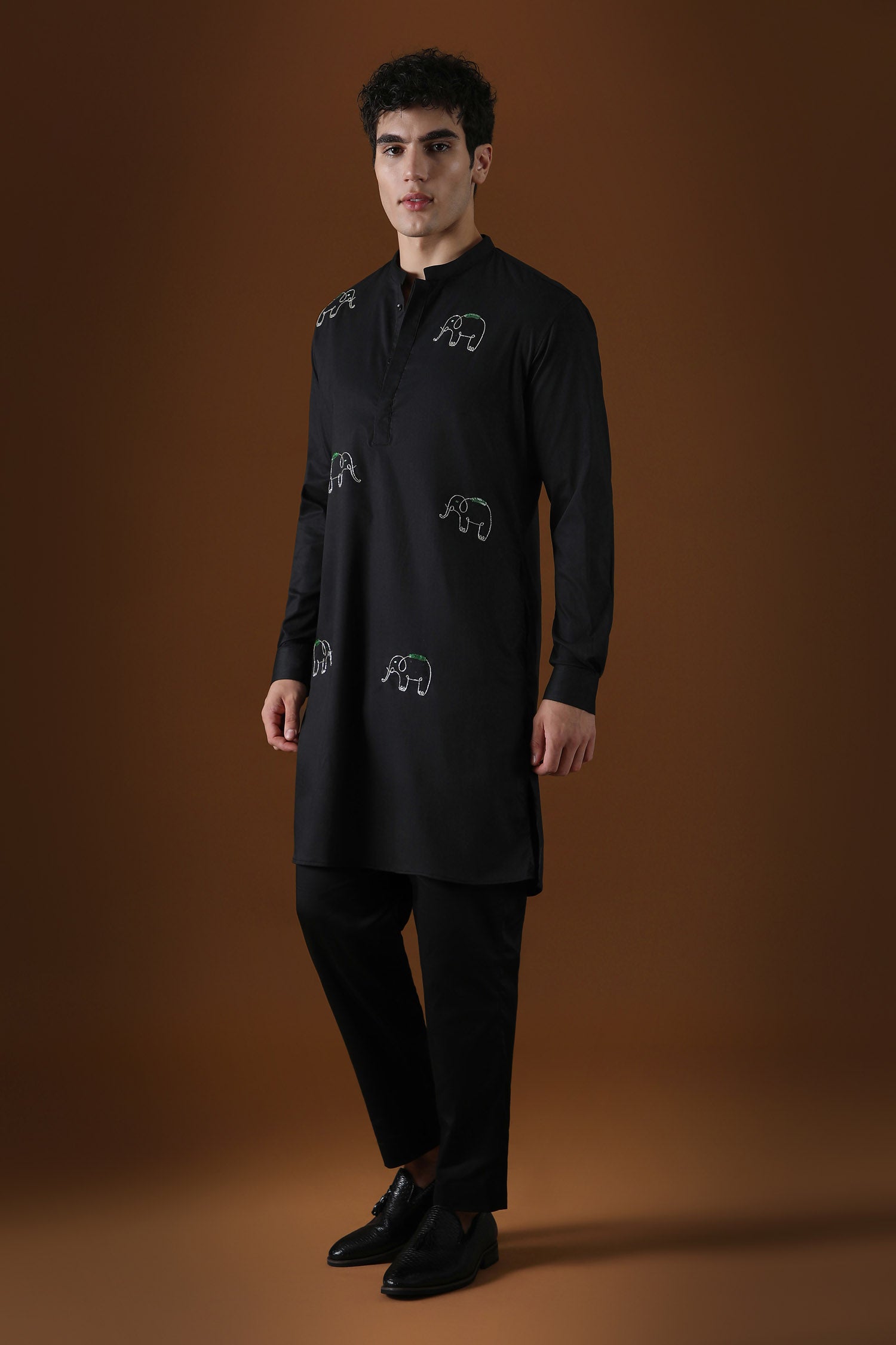 Calves Hand Embroidered Designer Kurta - Black