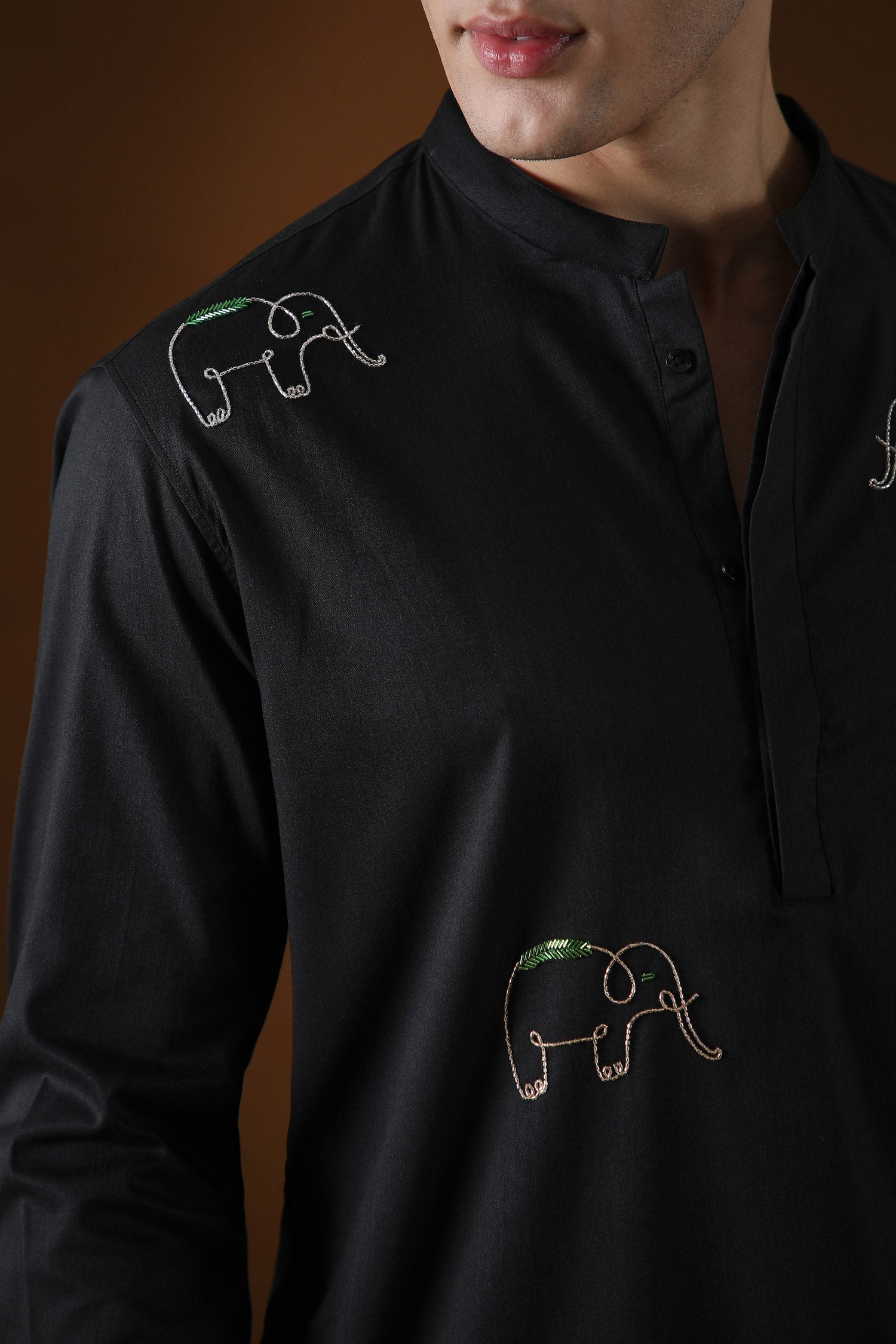 Calves Hand Embroidered Designer Kurta - Black