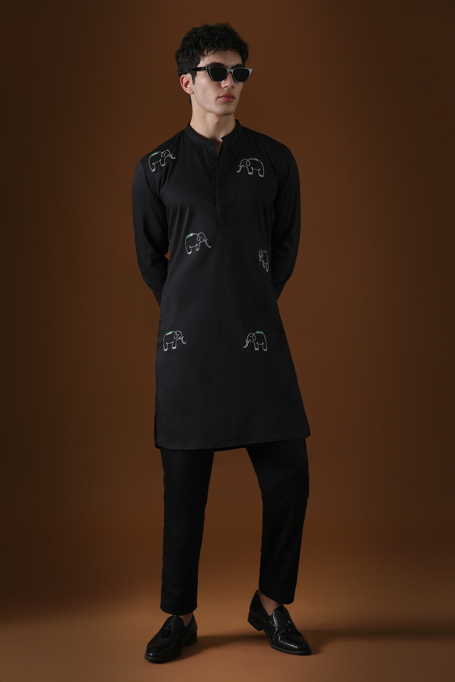 Calves Hand Embroidered Designer Kurta - Black