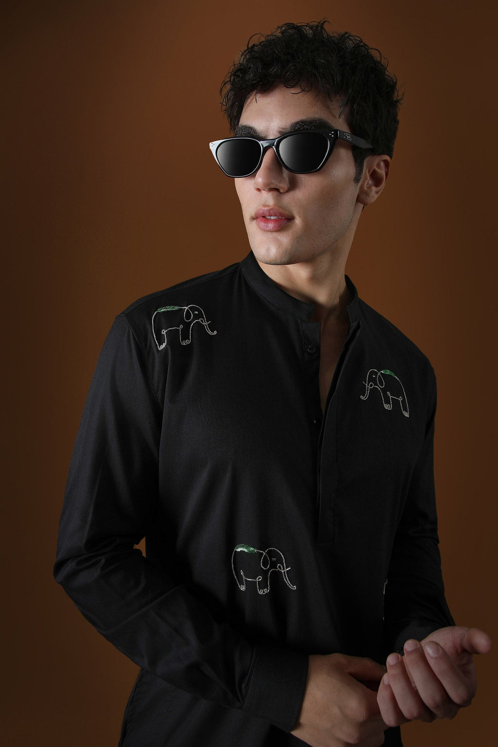 Calves Hand Embroidered Designer Kurta - Black