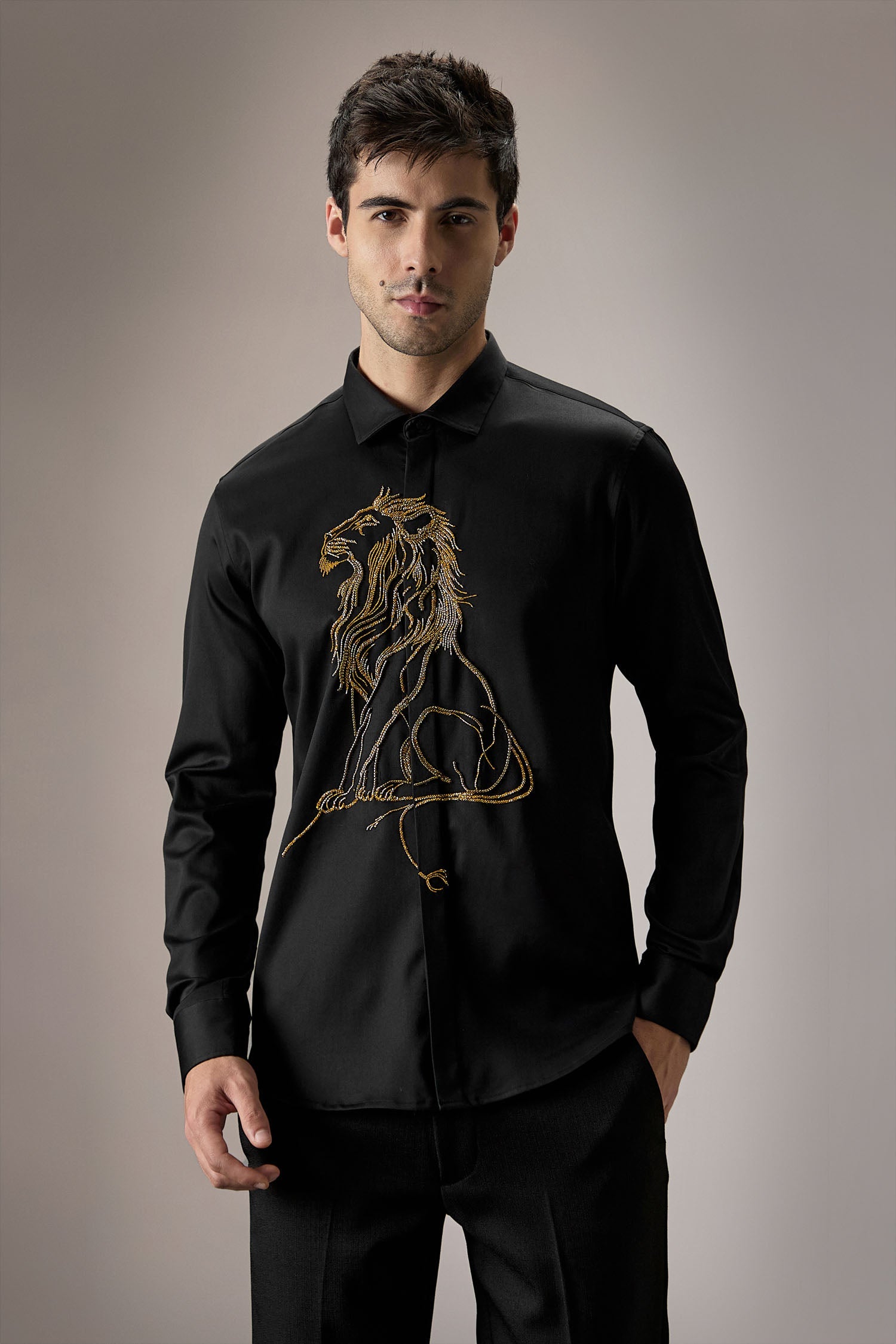 Mufasa ( Lion ) Hand Embroidered Designer Shirt - Black