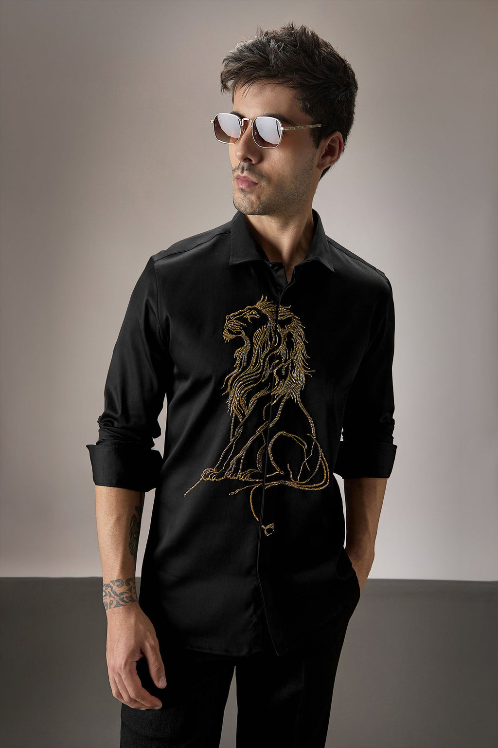 Mufasa ( Lion ) Hand Embroidered Designer Shirt - Black