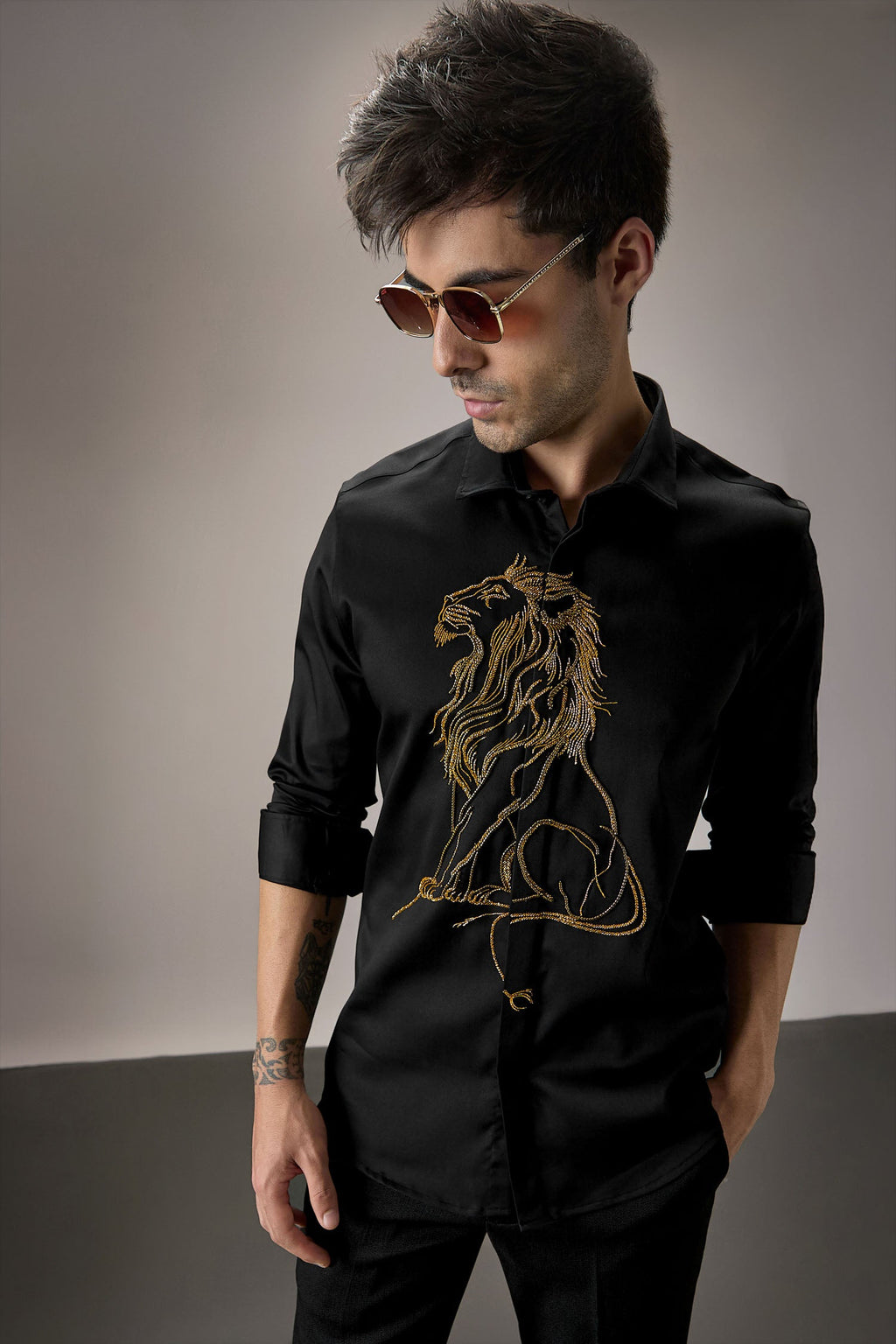 Mufasa ( Lion ) Hand Embroidered Designer Shirt - Black