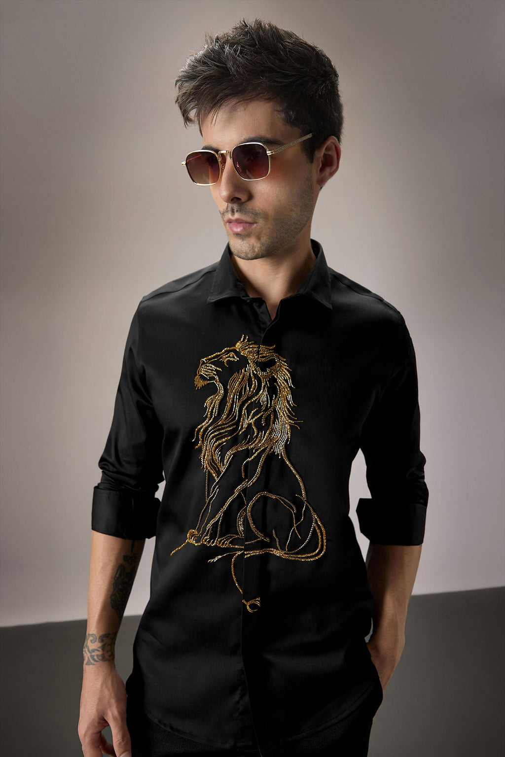 Mufasa ( Lion ) Hand Embroidered Designer Shirt - Black