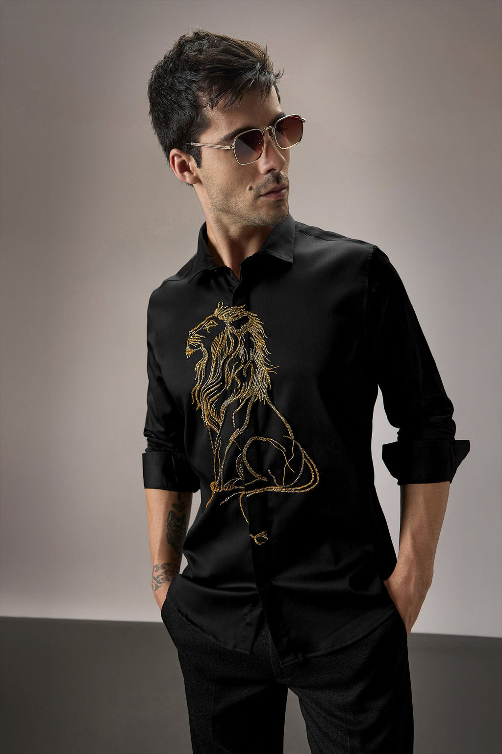 Mufasa ( Lion ) Hand Embroidered Designer Shirt - Black